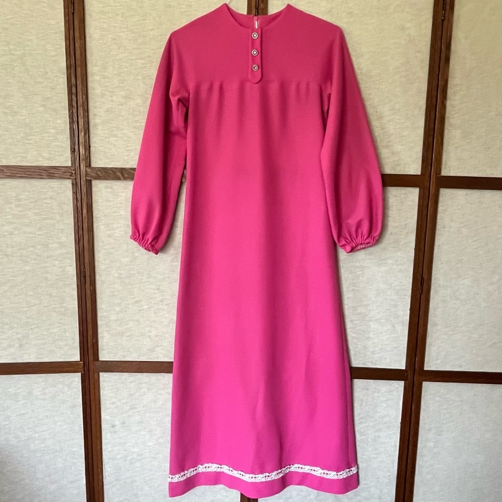 Vintage 70s Homemade Long Pink Ribbon Long Sleeve Dress